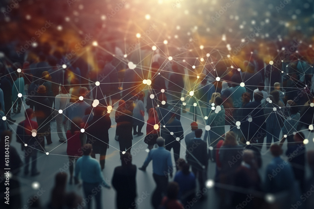 Smart city, line and communication pattern design for networking, connection and society for group of people. Closeup, ai generated and social gathering with graphic visual grid for global system